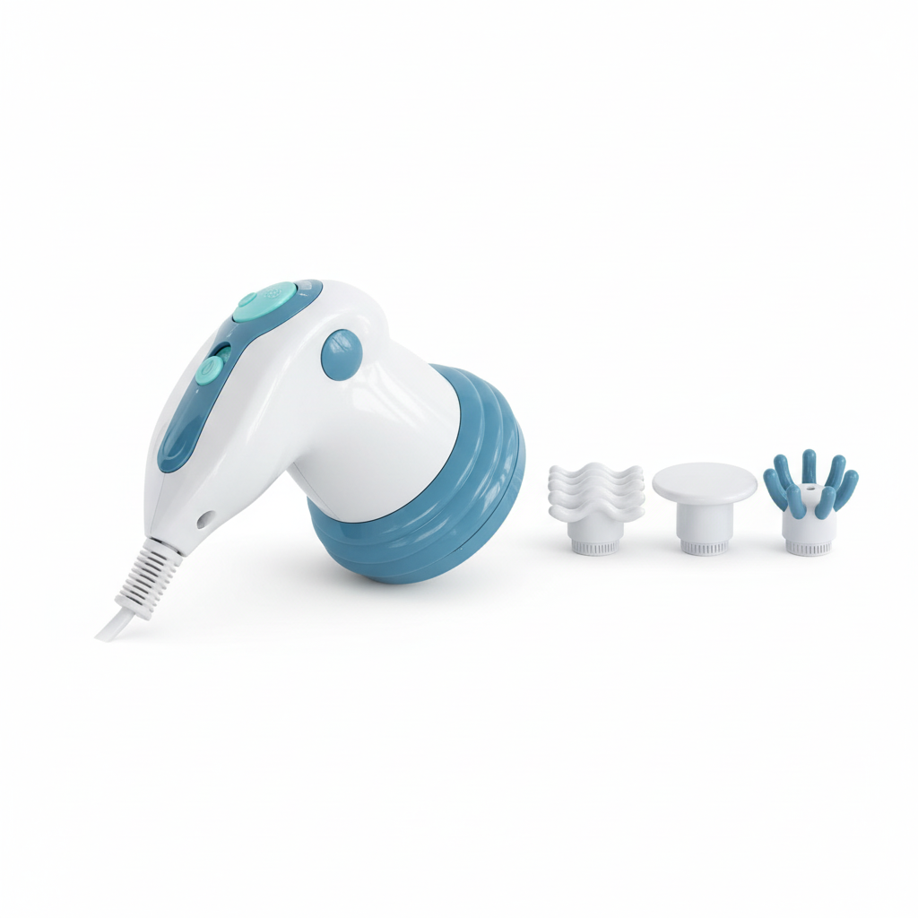 Masseur anti-cellulite bleu et blanc avec ses 4 têtes de massage interchangeables
